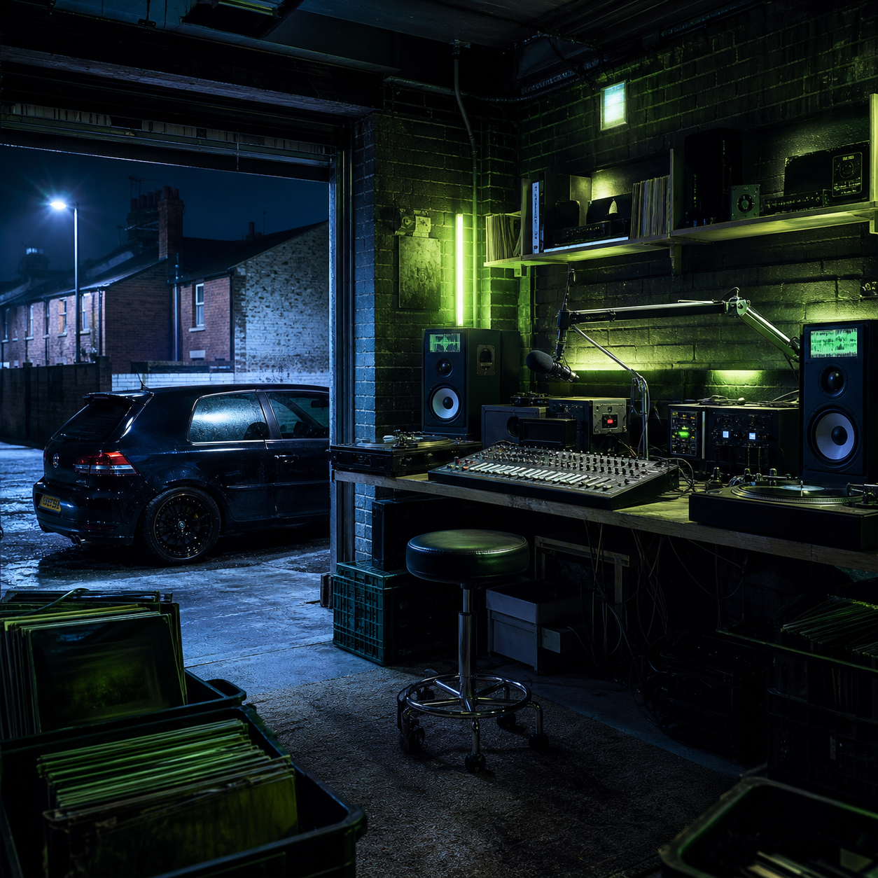 Underground radio studio inside a garage