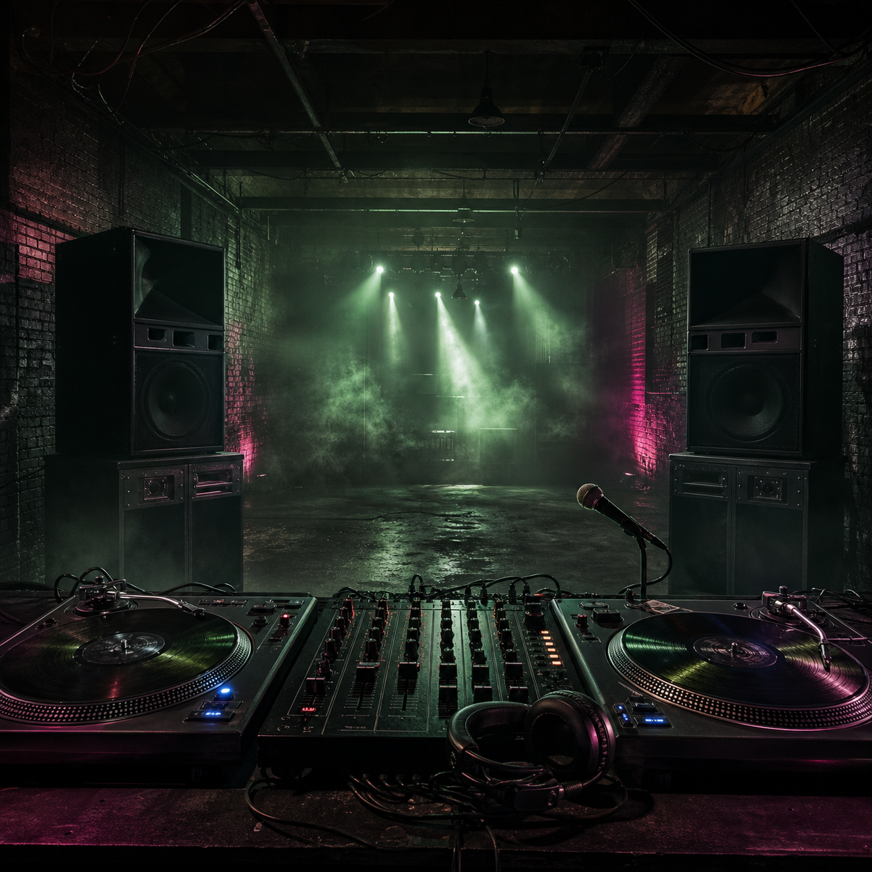 Underground DJ booth ready for a live show
